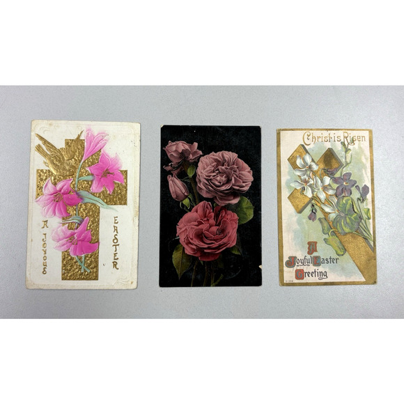 Easter Postcards Antique Flowers Nature Lot of 3 Early 1900s Embossed Gilt - Picture 1 of 16